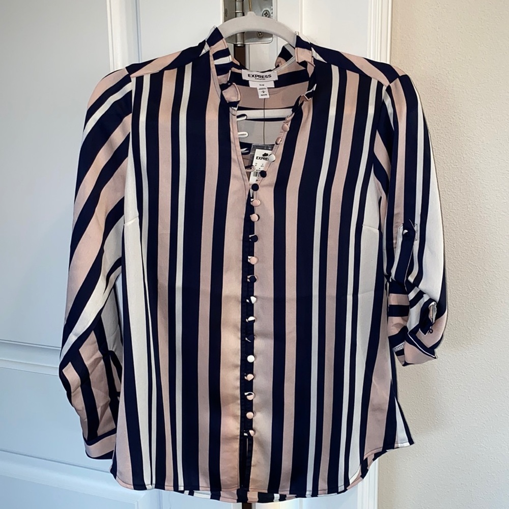 Satin navy & pink striped blouse from Express NWT